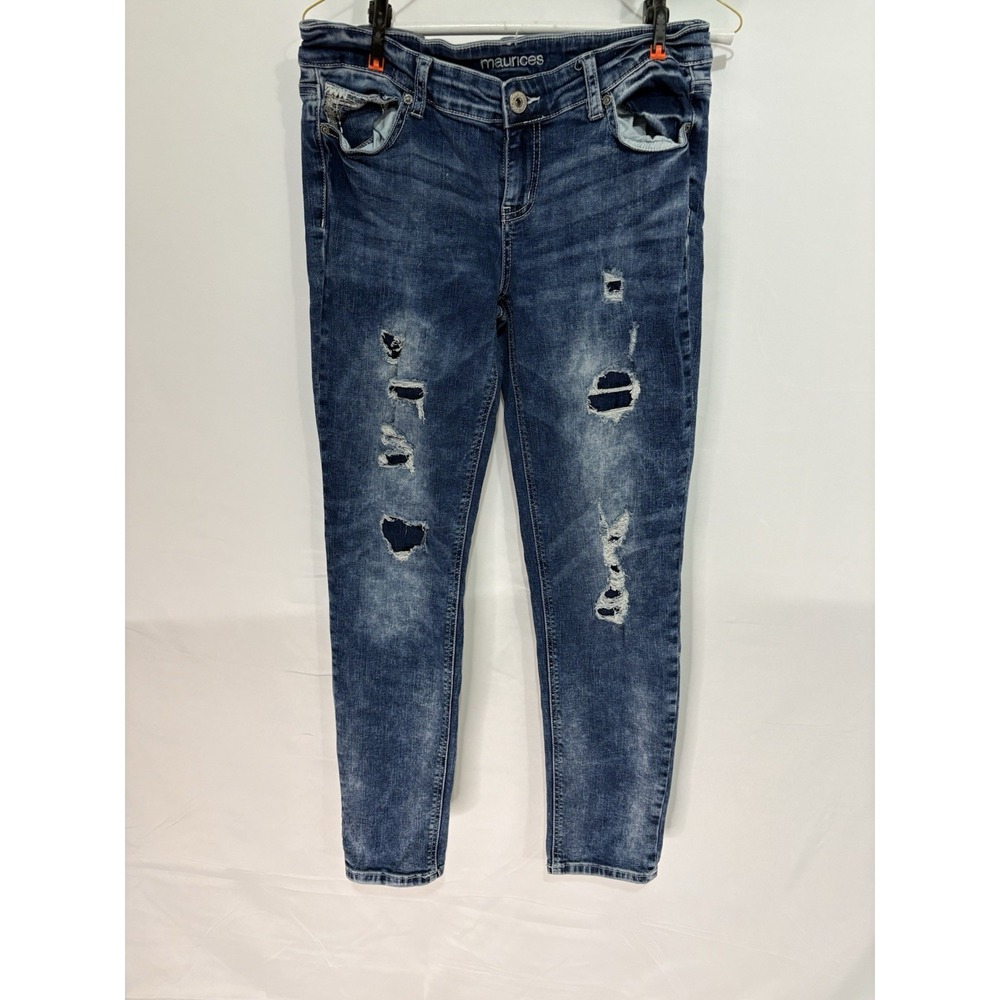 maurices Blue Women's Skinny Denim Jeans Dark Wash Distressed Stretch size 9-10